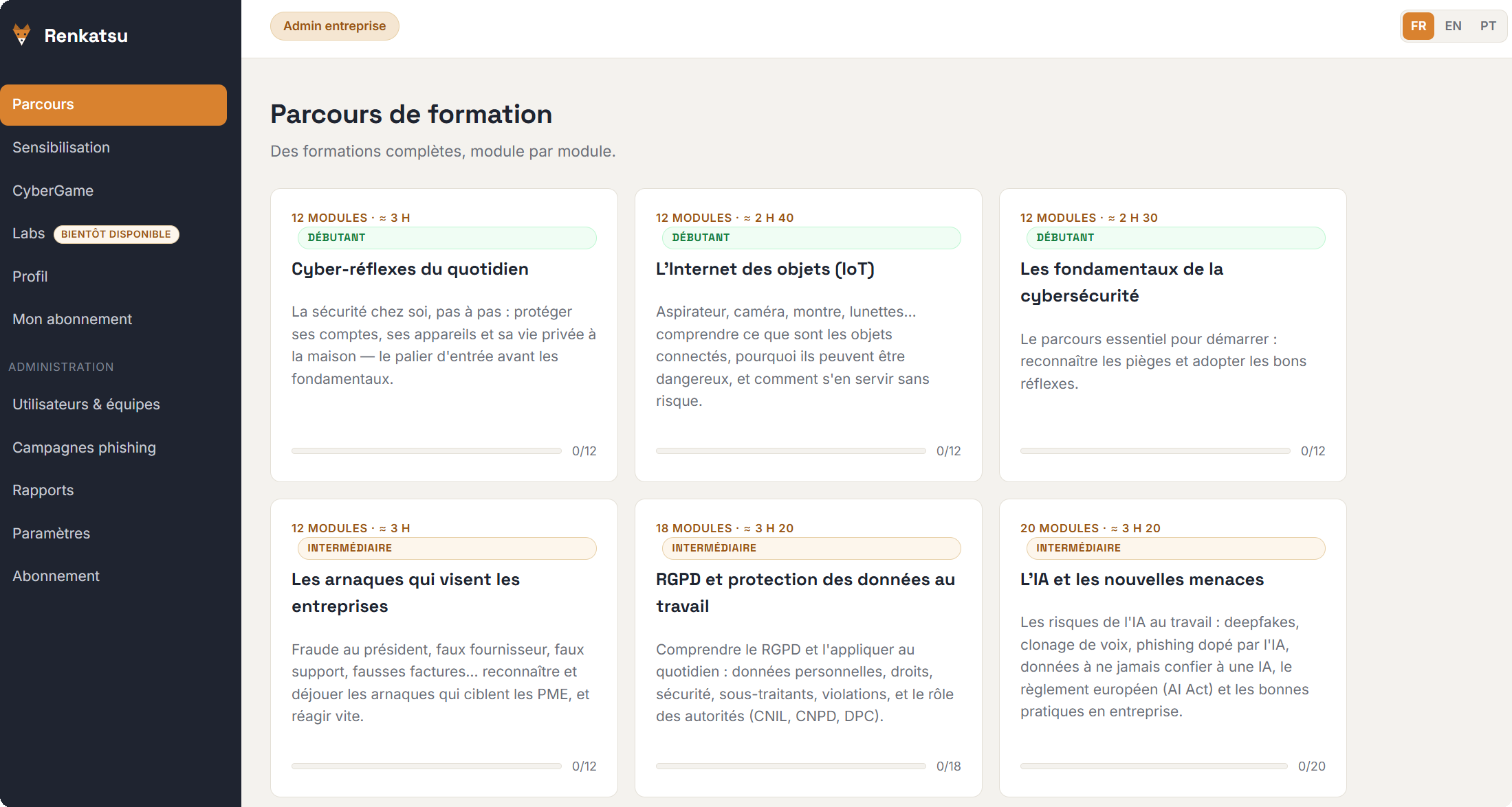 Liste des parcours de formation avec niveaux Débutant et Intermédiaire